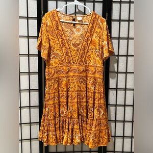 BILA FLORAL PAISLEY TIERED MINI BOHO DRESS in Mustard and Rust SIZE XL